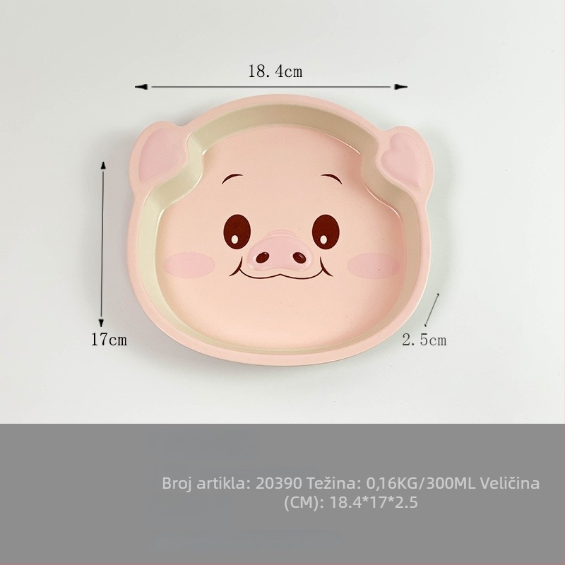 Set dječjih posuđa — tanjur u obliku praseta, crtani dizajn, melamin i vlakna bambusa, nepravilan oblik