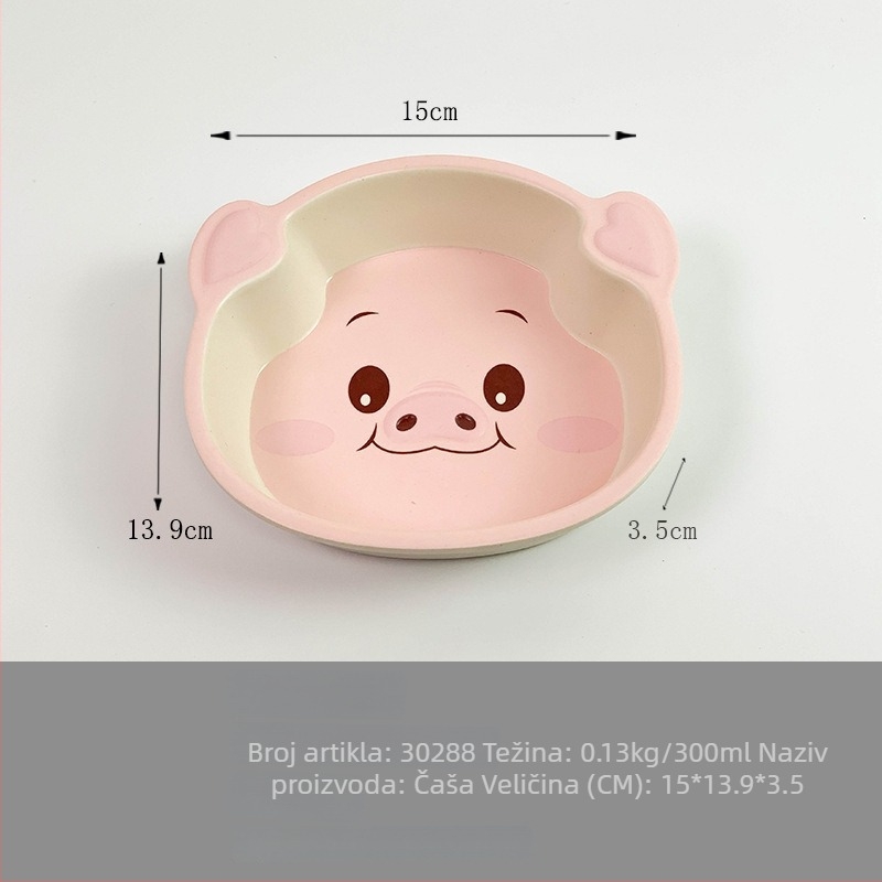 Set dječjih posuđa — tanjur u obliku praseta, crtani dizajn, melamin i vlakna bambusa, nepravilan oblik