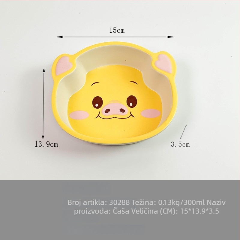 Set dječjih posuđa — tanjur u obliku praseta, crtani dizajn, melamin i vlakna bambusa, nepravilan oblik