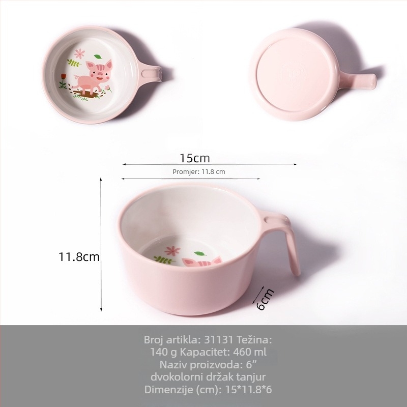 Set dječjih posuđa — tanjur u obliku praseta, crtani dizajn, melamin i vlakna bambusa, nepravilan oblik