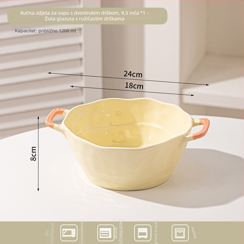 Keramička zdjela s dvostrukim ručkama za juhu, rezance, desert i salatu; nepravilnog oblika, glazirana površina, minimalistički moderni stil; pogodno za mikrovalnu
