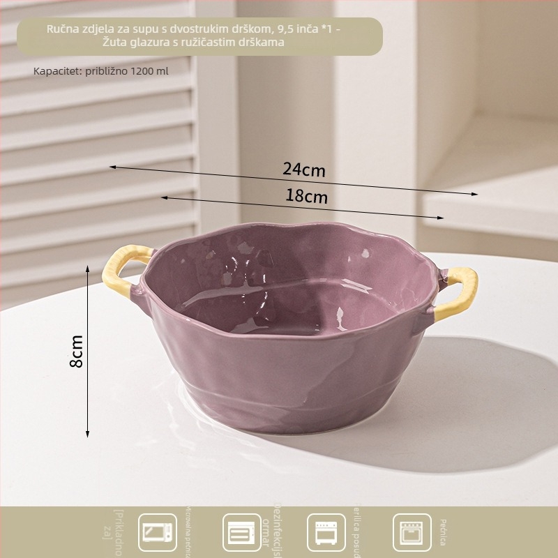 Keramička zdjela s dvostrukim ručkama za juhu, rezance, desert i salatu; nepravilnog oblika, glazirana površina, minimalistički moderni stil; pogodno za mikrovalnu