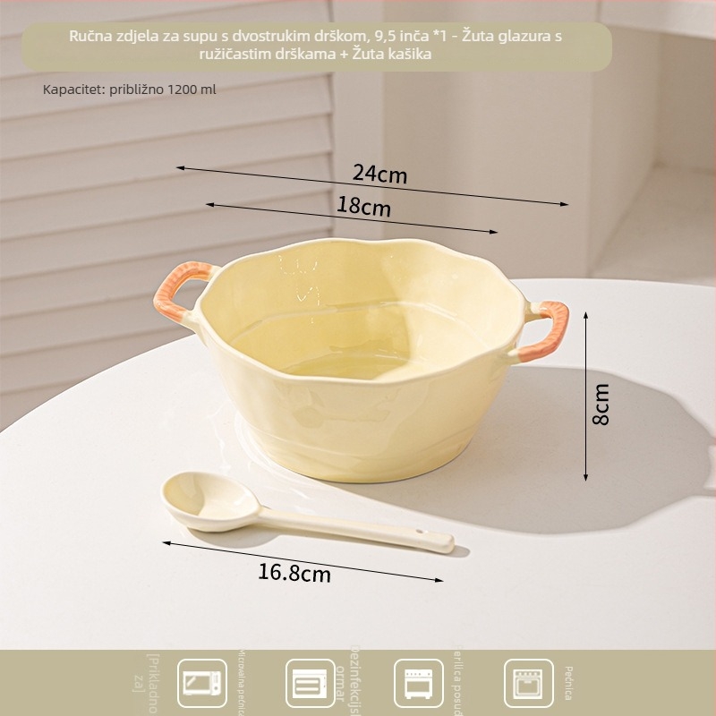 Keramička zdjela s dvostrukim ručkama za juhu, rezance, desert i salatu; nepravilnog oblika, glazirana površina, minimalistički moderni stil; pogodno za mikrovalnu