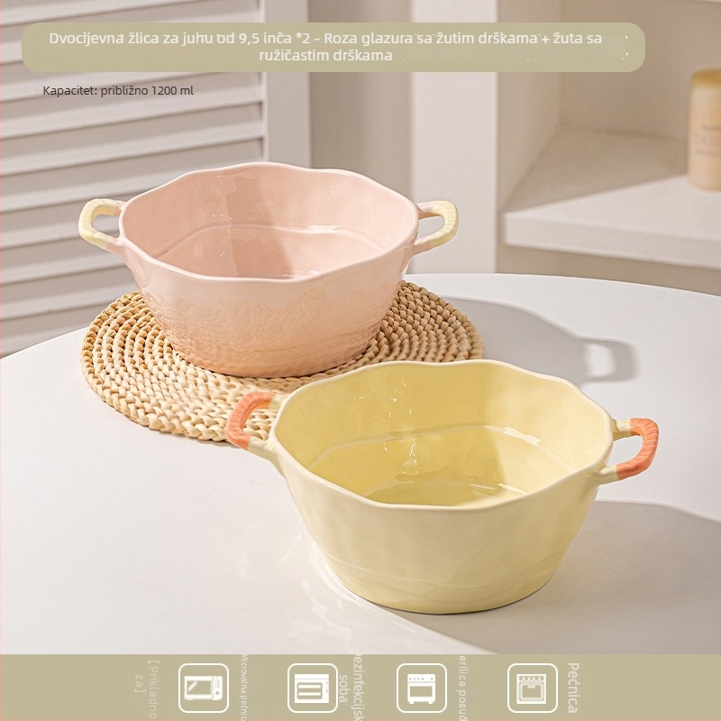 Keramička zdjela s dvostrukim ručkama za juhu, rezance, desert i salatu; nepravilnog oblika, glazirana površina, minimalistički moderni stil; pogodno za mikrovalnu