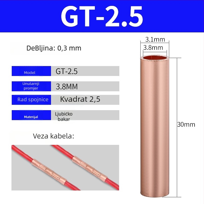 GT bakreni cijevni terminal, hladno presovani spoj za žice, CE potvrda, za električne instalacije