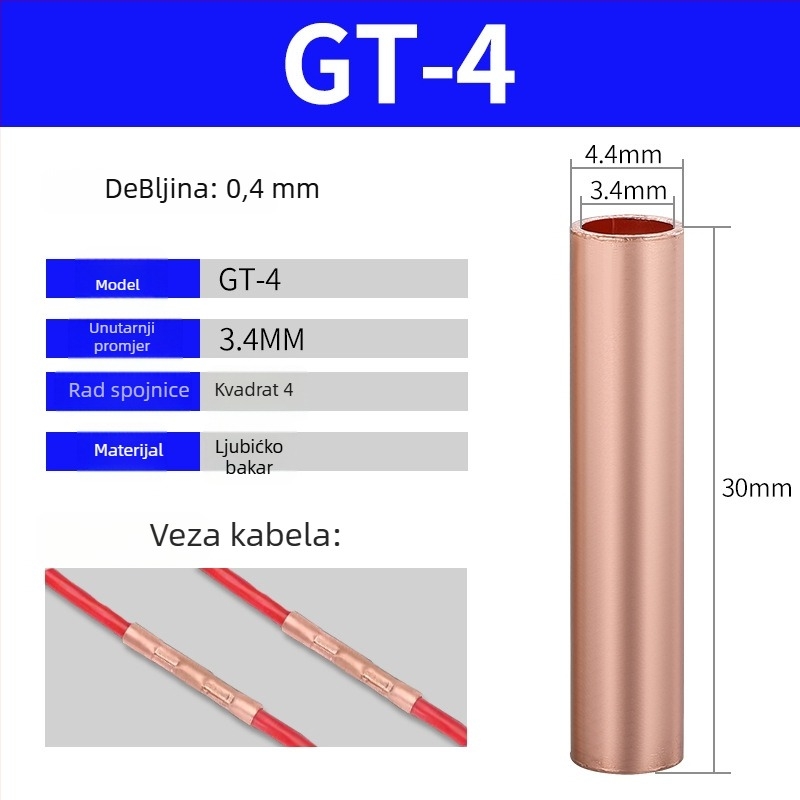 GT bakreni cijevni terminal, hladno presovani spoj za žice, CE potvrda, za električne instalacije