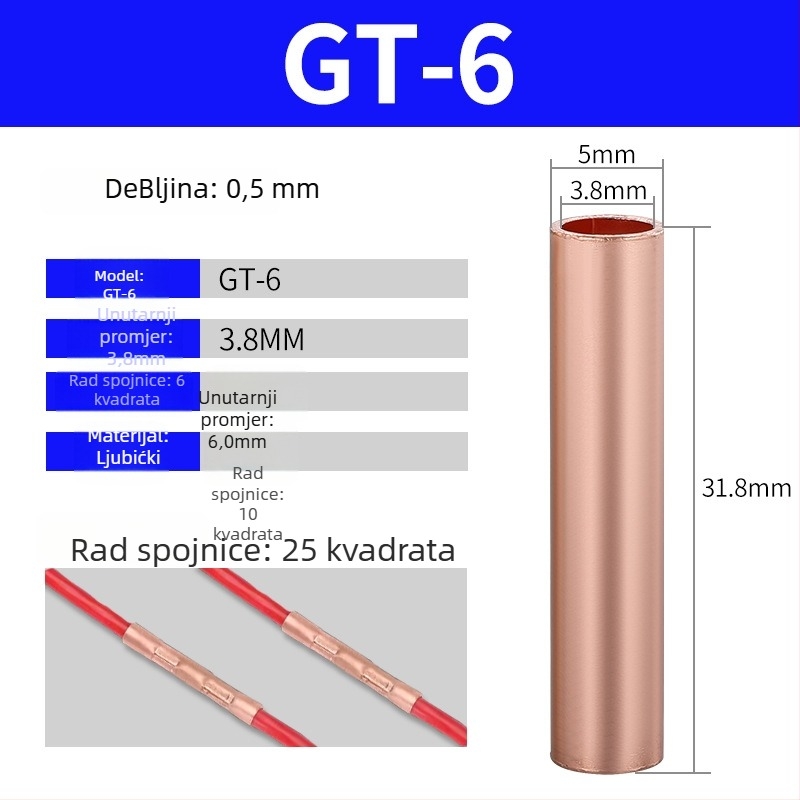 GT bakreni cijevni terminal, hladno presovani spoj za žice, CE potvrda, za električne instalacije