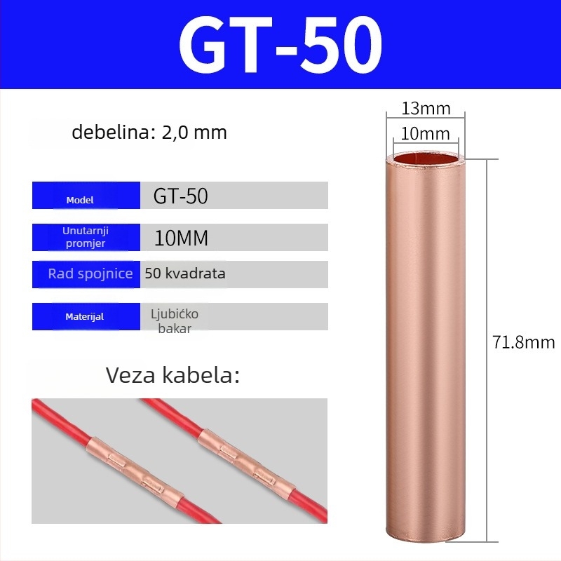 GT bakreni cijevni terminal, hladno presovani spoj za žice, CE potvrda, za električne instalacije