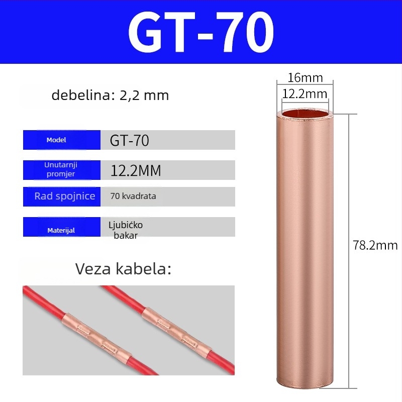 GT bakreni cijevni terminal, hladno presovani spoj za žice, CE potvrda, za električne instalacije
