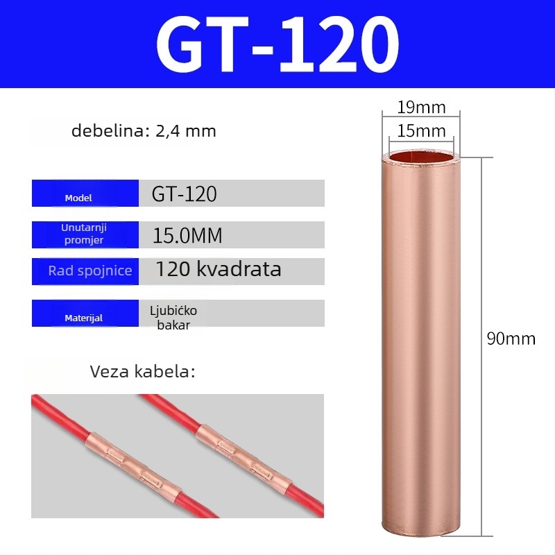 GT bakreni cijevni terminal, hladno presovani spoj za žice, CE potvrda, za električne instalacije