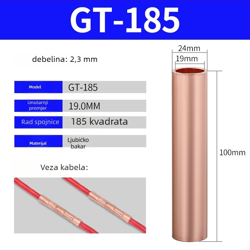 GT bakreni cijevni terminal, hladno presovani spoj za žice, CE potvrda, za električne instalacije