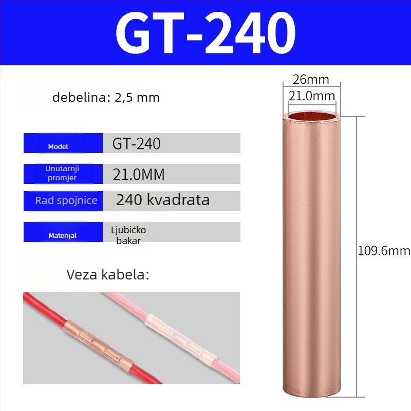GT bakreni cijevni terminal, hladno presovani spoj za žice, CE potvrda, za električne instalacije