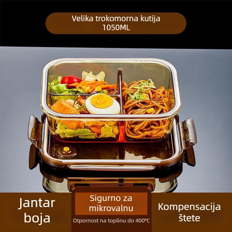 Kutija za ručak od borosilikatnog stakla, kompatibilna s mikrovalnom pećnicom, vodonepropusno zatvorena, izolirana, s poklopcem