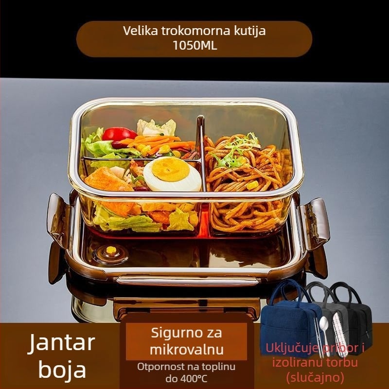 Kutija za ručak od borosilikatnog stakla, kompatibilna s mikrovalnom pećnicom, vodonepropusno zatvorena, izolirana, s poklopcem