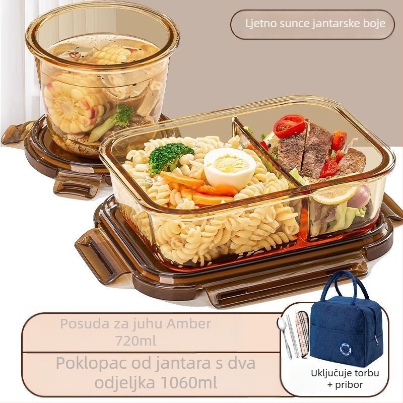 Kutija za ručak od borosilikatnog stakla, kompatibilna s mikrovalnom pećnicom, vodonepropusno zatvorena, izolirana, s poklopcem