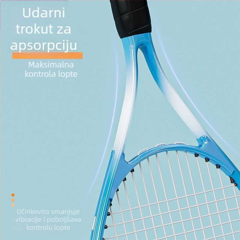 Teniska trening raketa – okvir od aluminijske legure; težina 95–100 g; debljina drške G1; tip reketa: pravilan udarac; materijal niza: najlon