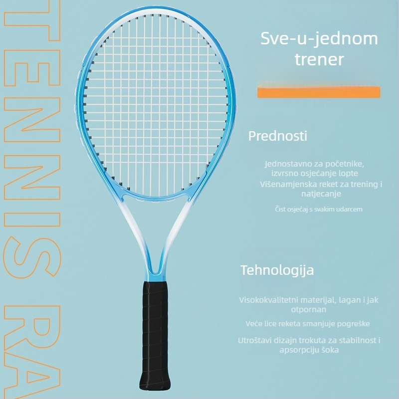 Teniska trening raketa – okvir od aluminijske legure; težina 95–100 g; debljina drške G1; tip reketa: pravilan udarac; materijal niza: najlon