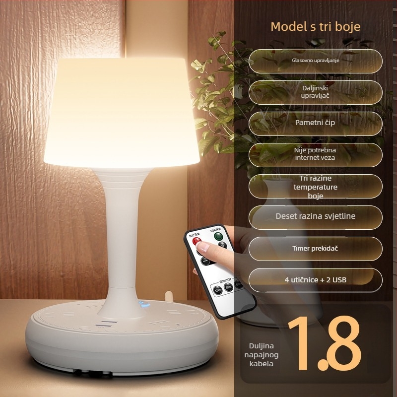 Glasovno upravljana pametna LED stolna lampa sa utičnicom i USB punjenjem, 10A/250V, CCC potvrda, za dom/studentski dom/komercijalnu upotrebu