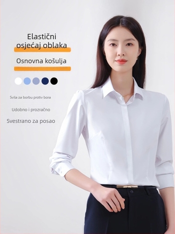 Ženska košulja s dugim rukavima za jesen, uredski stil, bez glađenja, smjesa bambus vlakana i poliestera (30-50% svakog), našiven logotip, kvadratni ovratnik.
