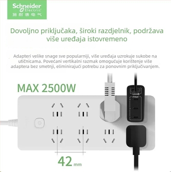 Schneider Electric USB produžni blok utičnica, 10A, 220V, 2000W, tip 86, novi nacionalni standard