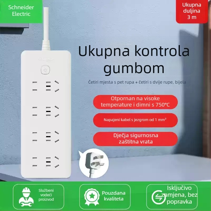 Schneider Electric USB produžni blok utičnica, 10A, 220V, 2000W, tip 86, novi nacionalni standard