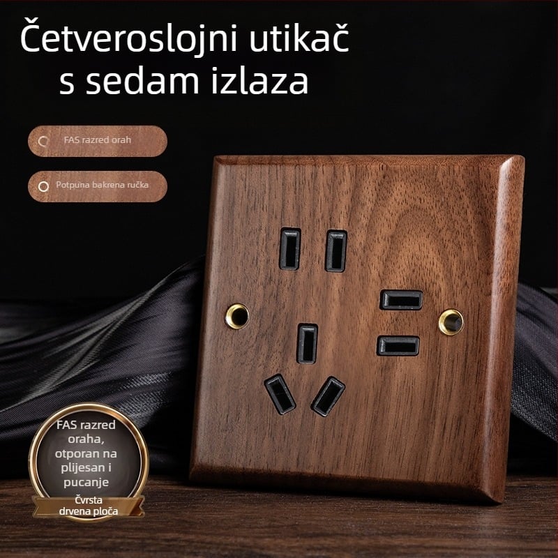 86-tip zidni panel utičnice, Walnut Lever serija, masivno drvo crni orah, bakrena poluga, 10A, 220V