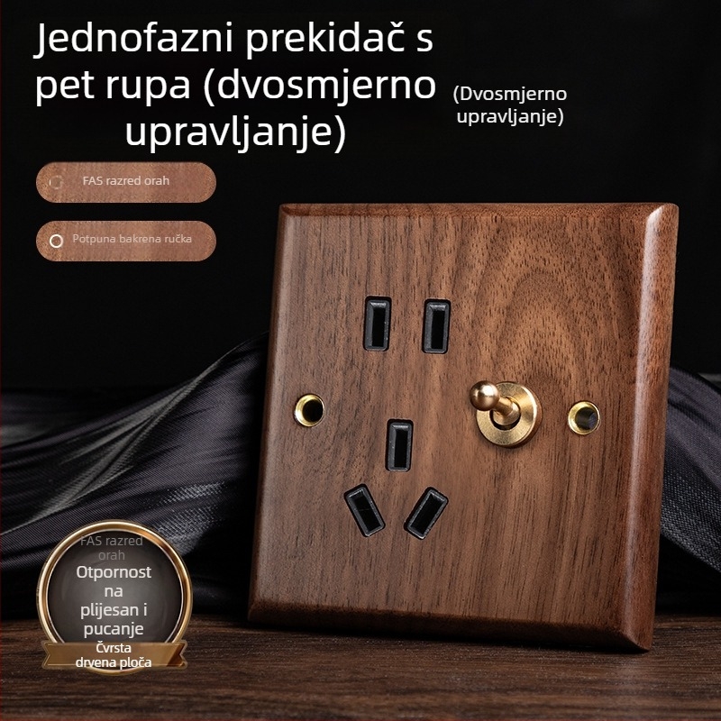 86-tip zidni panel utičnice, Walnut Lever serija, masivno drvo crni orah, bakrena poluga, 10A, 220V