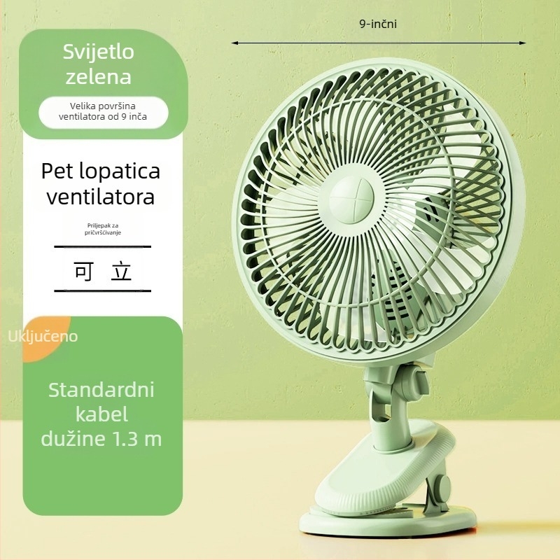 Mini klipsi/stolni ventilator s mogućnošću pričvršćivanja na zid, 5 lopatica, AC motor, 2 brzine, napajanje iz mreže