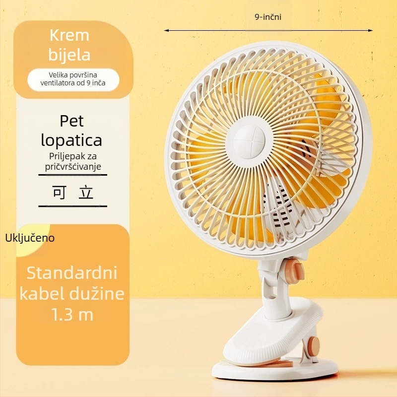 Mini klipsi/stolni ventilator s mogućnošću pričvršćivanja na zid, 5 lopatica, AC motor, 2 brzine, napajanje iz mreže