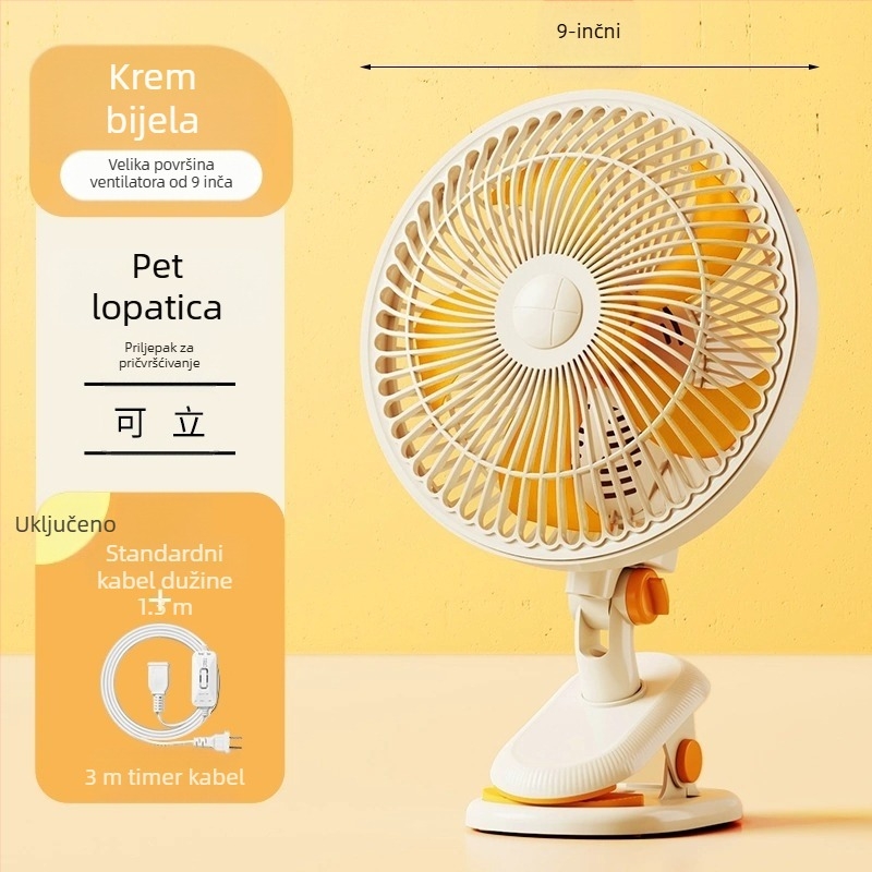 Mini klipsi/stolni ventilator s mogućnošću pričvršćivanja na zid, 5 lopatica, AC motor, 2 brzine, napajanje iz mreže