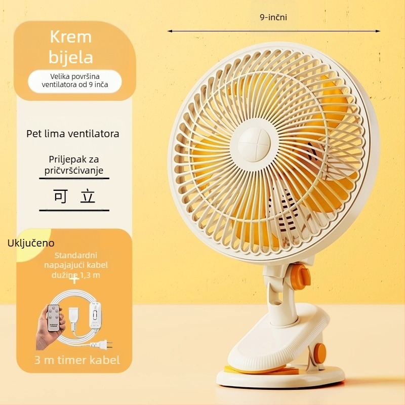 Mini klipsi/stolni ventilator s mogućnošću pričvršćivanja na zid, 5 lopatica, AC motor, 2 brzine, napajanje iz mreže