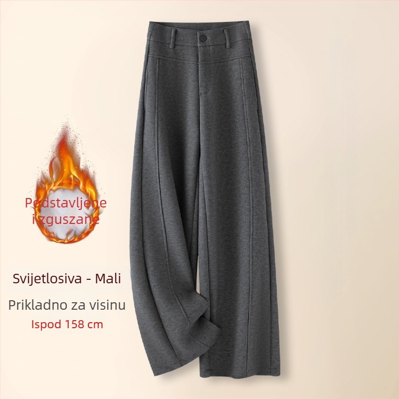 Ženske široke hlače od vunene smjese, s flis podstavom, visok pojas, zima 2025
