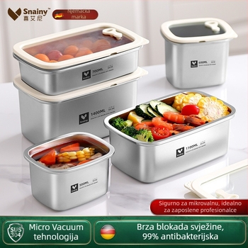 Kutija za ručak od 304 nehrđajućeg čelika s poklopcem, kvadratnog oblika, prehrambena kvaliteta, pogodna za mikrovalnu, kapacitet 800–1000 ml