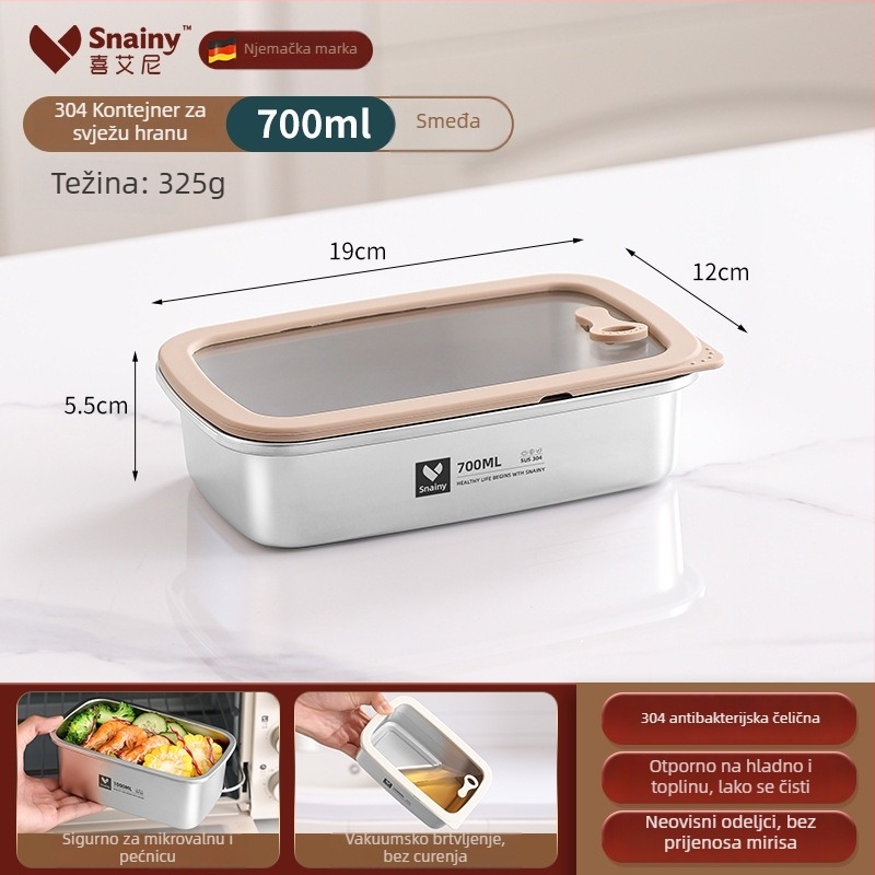 Kutija za ručak od 304 nehrđajućeg čelika s poklopcem, kvadratnog oblika, prehrambena kvaliteta, pogodna za mikrovalnu, kapacitet 800–1000 ml