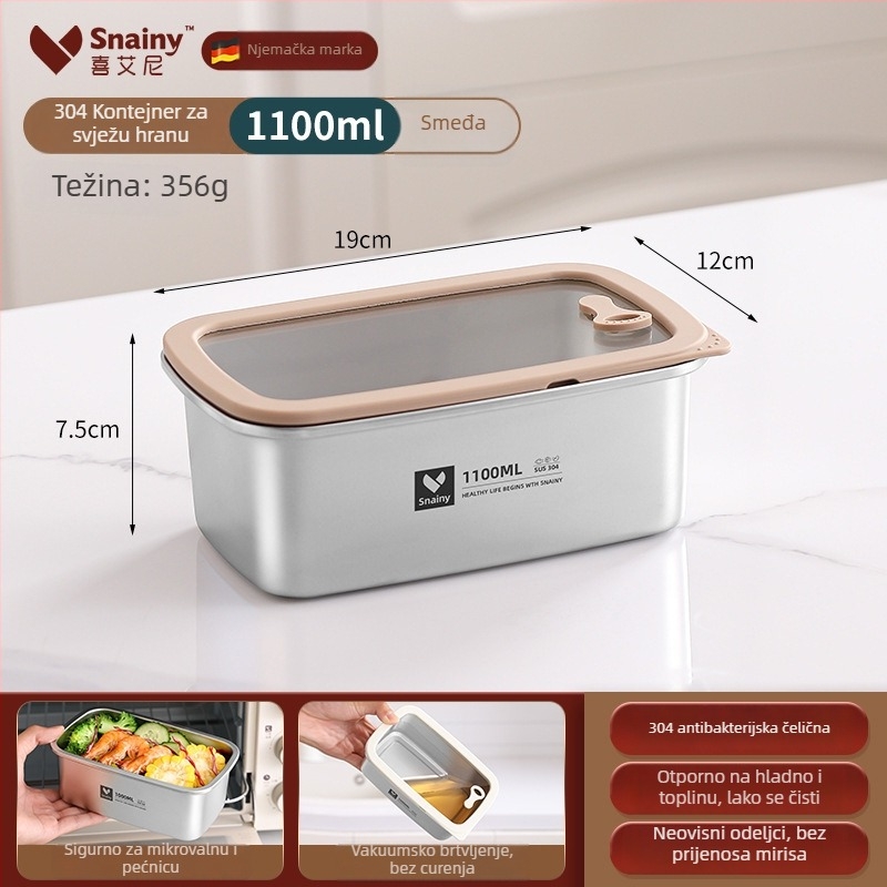 Kutija za ručak od 304 nehrđajućeg čelika s poklopcem, kvadratnog oblika, prehrambena kvaliteta, pogodna za mikrovalnu, kapacitet 800–1000 ml