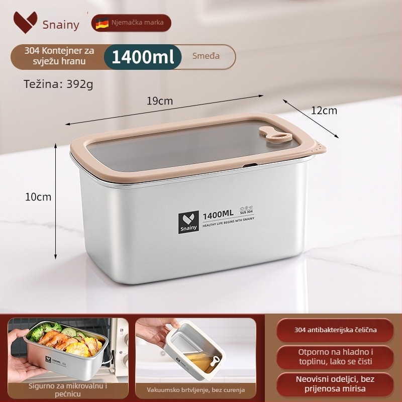 Kutija za ručak od 304 nehrđajućeg čelika s poklopcem, kvadratnog oblika, prehrambena kvaliteta, pogodna za mikrovalnu, kapacitet 800–1000 ml