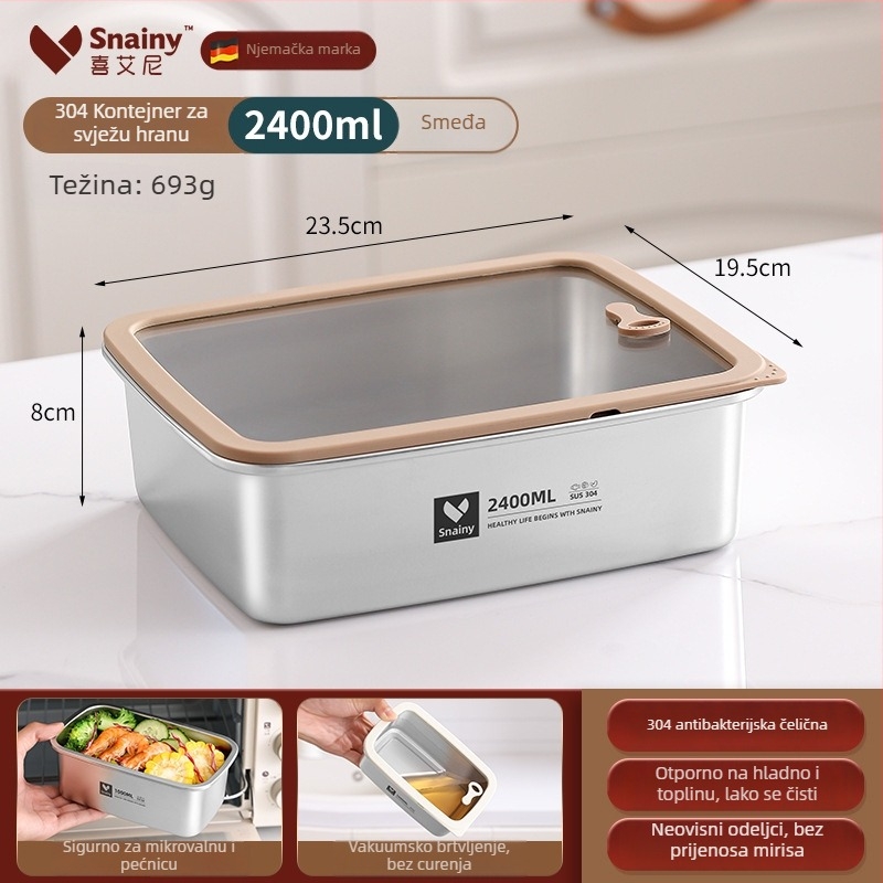 Kutija za ručak od 304 nehrđajućeg čelika s poklopcem, kvadratnog oblika, prehrambena kvaliteta, pogodna za mikrovalnu, kapacitet 800–1000 ml