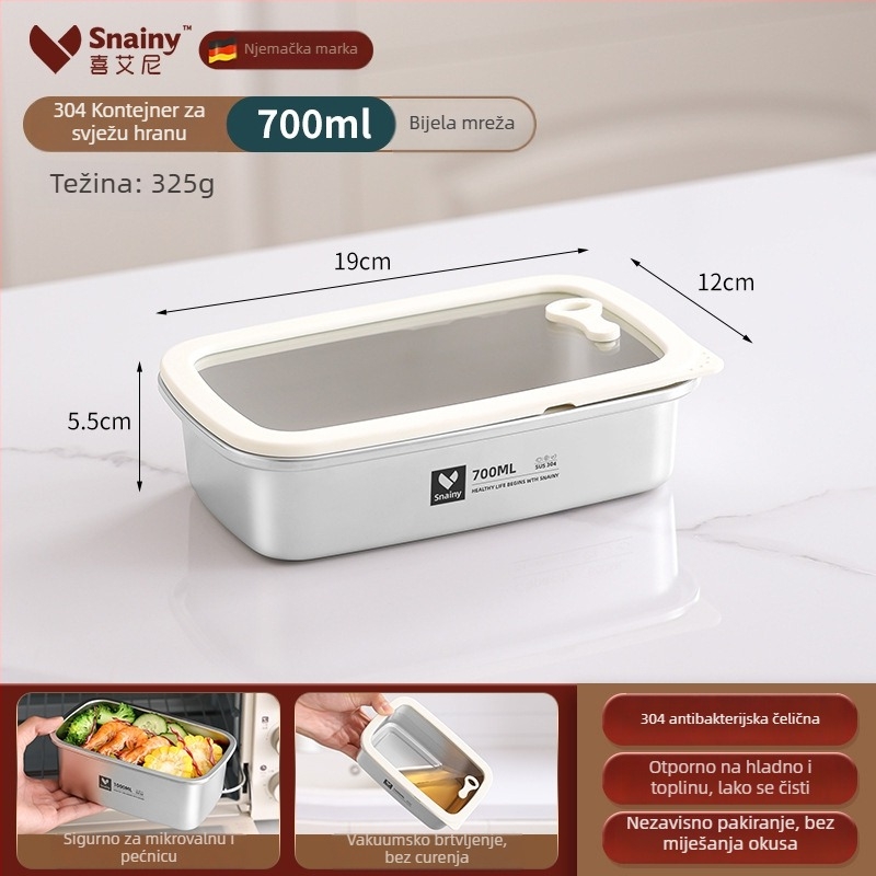 Kutija za ručak od 304 nehrđajućeg čelika s poklopcem, kvadratnog oblika, prehrambena kvaliteta, pogodna za mikrovalnu, kapacitet 800–1000 ml