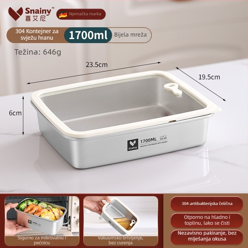 Kutija za ručak od 304 nehrđajućeg čelika s poklopcem, kvadratnog oblika, prehrambena kvaliteta, pogodna za mikrovalnu, kapacitet 800–1000 ml
