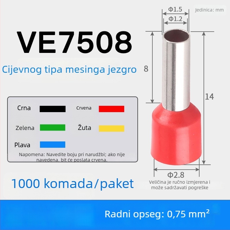 Shen Qibo cijevni terminal E0508 VE1008 E1508, PVC izoliran, za električare