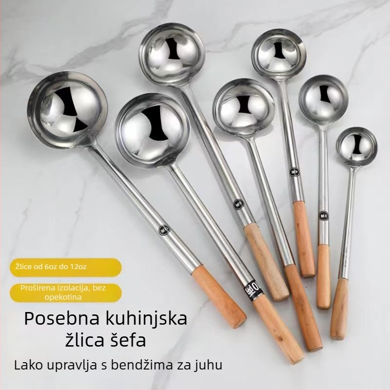 Nehrđajuća čelična kuhinjska žlica s drškom od drveta ili nehrđajućeg čelika – protuklizna, moderni minimalistički stil