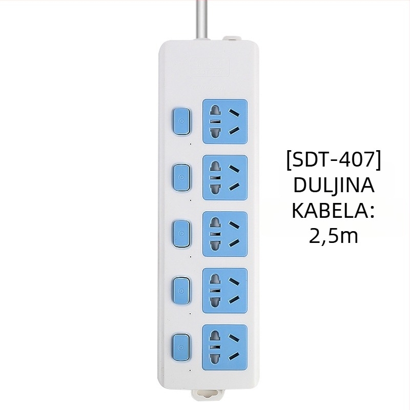 Produžnica s neovisnim prekidačem, 3 utičnice, 10A, 100–250V, 2500W