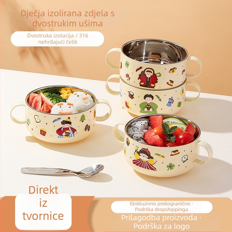 Dječja zdjela od 316 nerđajućeg čelika s poklopcem, dvostruki sloj, dvostruka ušica, nije pogodna za mikrovalnu