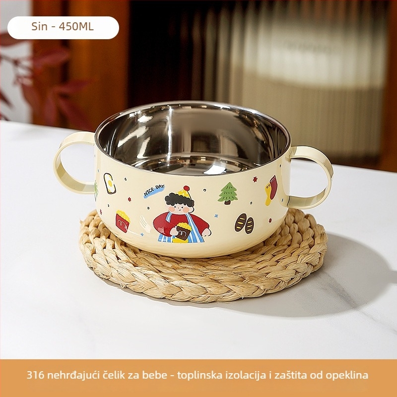 Dječja zdjela od 316 nerđajućeg čelika s poklopcem, dvostruki sloj, dvostruka ušica, nije pogodna za mikrovalnu