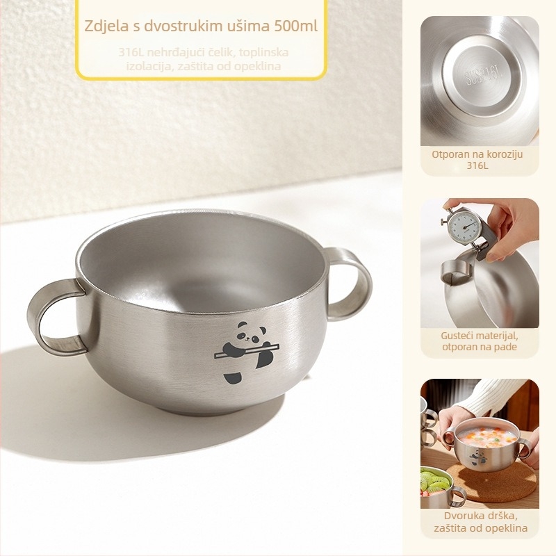 Dječja zdjela od 316 nerđajućeg čelika s poklopcem, dvostruki sloj, dvostruka ušica, nije pogodna za mikrovalnu