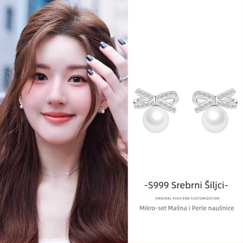 Kun ling naušnice - u obliku luka, s dijamantima, od srebra 99%, za žene, proljeće 2025