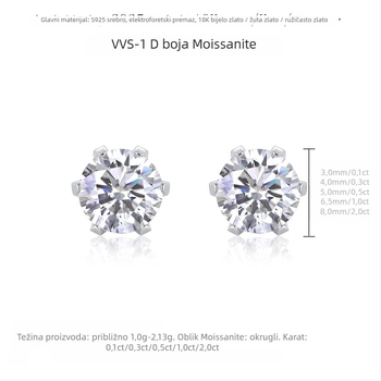 Moissanite naušnice od Sterling srebra – unisex, korejskog stila, okrugli/geometrijski oblik, rez osam srce i osam strelica