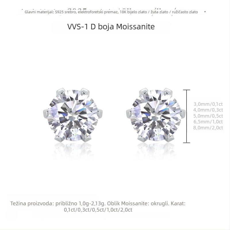 Moissanite naušnice od Sterling srebra – unisex, korejskog stila, okrugli/geometrijski oblik, rez osam srce i osam strelica