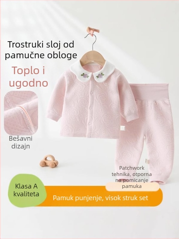Dvoslojni dječji set s dugim rukavom i dugim hlačicama, 100% pamuk, mekan prešani materijal, debeo, za novorođenčad do 1 godine, zima–proljeće–jesen.
