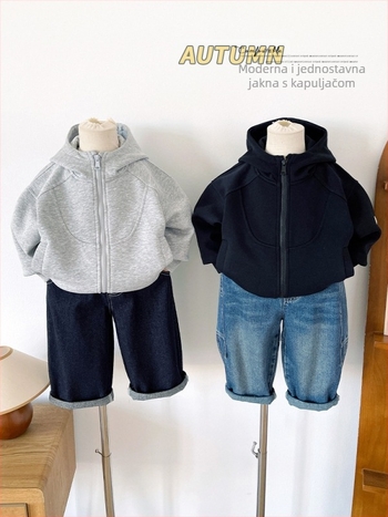 Dječja jakna s kapuljačom - Korejska verzija, slobodan kroj, zatvarač, visoki ovratnik, dugi rukavi, jednobojna boja, 62% pamuk / 38% poliester